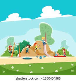 Children playing on the playground. Kids are riding down the hill, swinging on the seesaw and playing in the sandbox. Vector illustration.