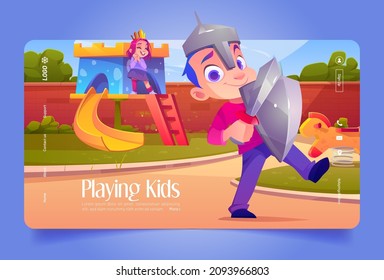 Children playing on playground, little boy and girl wear knight and princess costumes having fun at toy castle in house yard or kindergarten. Kids outdoor summer game, Cartoon vector illustration