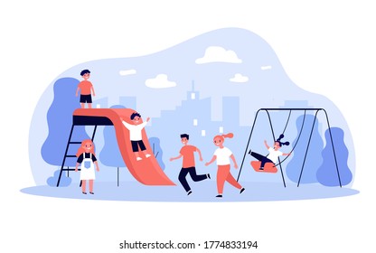 Children playing on playground in park. Happy boys and girls having fun outdoors, swinging and sliding, enjoying outdoor activities. Vector illustration for playtime, outdoor game for kids concept