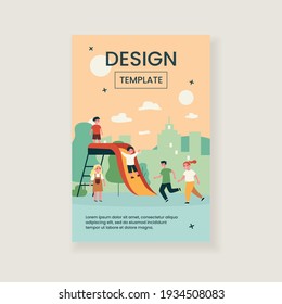 Children playing on playground in park. Happy boys and girls having fun outdoors, swinging and sliding, enjoying outdoor activities. Vector illustration for playtime, outdoor game for kids concept