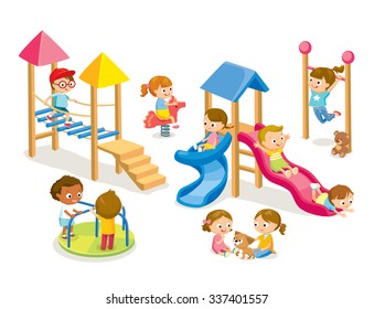 Children playing on playground with rope bridge, hanging horizontal ladder, slide ,radical rotator, carousel fooling around, having fun in fine good mood.