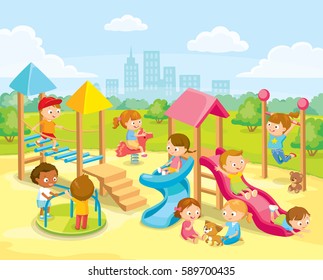 Children Playing On Playground With Rope Bridge, Hanging Horizontal Ladder, Slide ,radical Rotator, Carousel Fooling Around, Having Fun In Fine Good Mood.