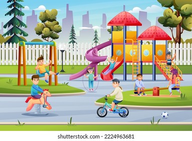Children playing on playground with slide, swing, bicycle and seesaw cartoon illustration