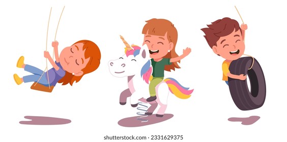 Los niños juegan en los columpios del patio. Un chico feliz balanceándose con neumáticos, una chica juguetona montando un caballo balancín de primavera divirtiéndose. La alegría de la infancia, el juego de entretenimiento ilustración vectorial plana