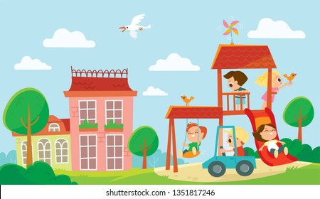 Children playing on playground. Vector cartoon background with houses and trees. Summer illustration.
