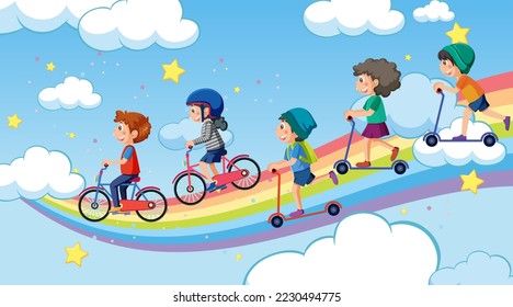 Children playing on rainbow in the sky illustration