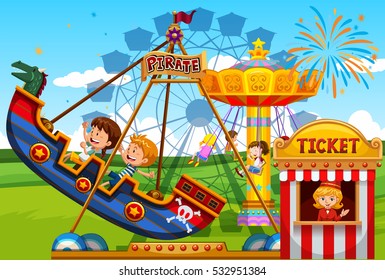 Children playing on rides at the fun park illustration