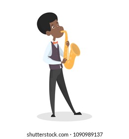 Children playing on saxophone on white.