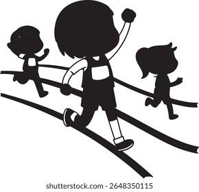 Children playing on a sled in winter silhouette vector illustration
