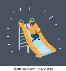 Children playing on slide on dark background.