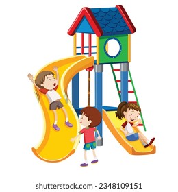 Children playing on slide in the playground cartoon vector illustration graphic design.