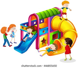 Niños jugando con diapositivas en la ilustración del patio de recreo