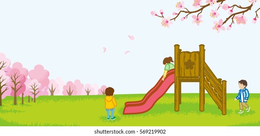 Children playing on a slide -spring nature