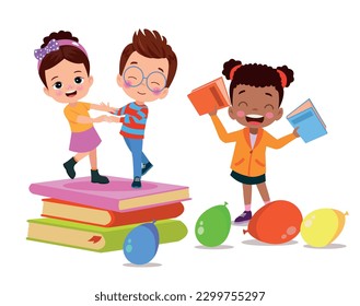 Children playing on a stack of books