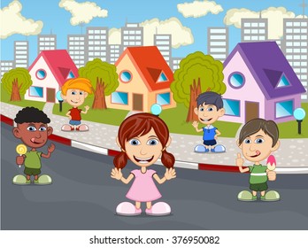 Children playing on the street cartoon vector illustration