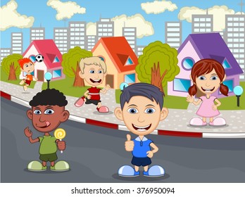 Children playing on the street cartoon vector illustration