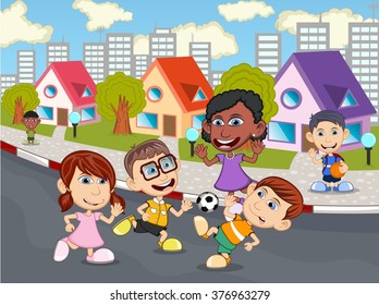 Children playing on the street cartoon vector illustration