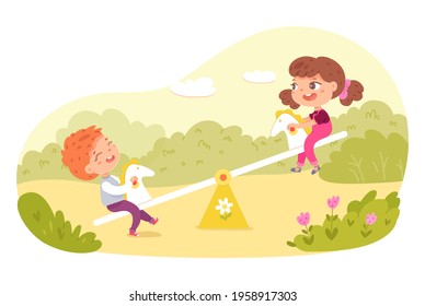 Children playing on swing in park, playground or backyard. Happy kids doing outdoor summer activities vector illustration. Boy and girl sitting on swings, having fun in nature.