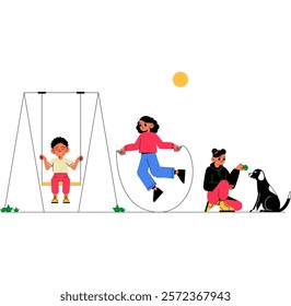 Children Playing On Swing Set And Skipping Rope In Flat Vector Illustration Symbolizing Outdoor Activities, Fun, And Playtime, Isolated On White Background