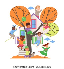 Children Playing on Tree House Hanging on Tree Branch and Having Fun Vector Illustration