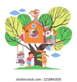 Children Playing on Tree House Hanging on Tree Branch and Having Fun Vector Illustration