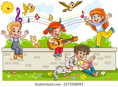 Children playing on the wall and singing