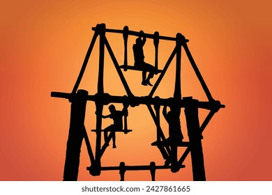 Children playing on a wooden Ferris wheel in Nepal, vector art. Kids enjoy Roti ping, a vintage rotary swing on the Dashain festival.