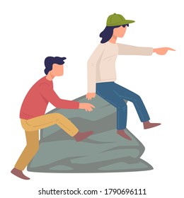 Children playing outdoors, boy and girl sitting on rock pointing in distance. Male and female on big stone, camping or climbing, mountaineering. Kids on vacation, climbers vector in flat style