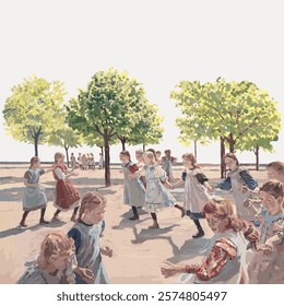 Children playing outdoors, girls in dresses, under trees. Joyful play, children enjoying nature, girls laughing, outdoors fun, children bonding, trees providing shade. Vintage vector element.