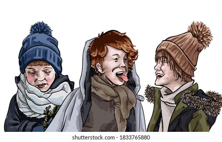 Children playing outdoors, isolated boys company. Friendship among young male characters. Kids wearing winter clothes, kiddo expressing emotions. Siblings together, brothers vector illustration