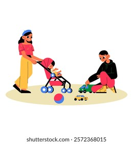 Children Playing Outdoors With Toy Car And Doll Stroller In Flat Vector Illustration Symbolizing Childhood Fun, Creativity, And Playtime, Isolated On White Background