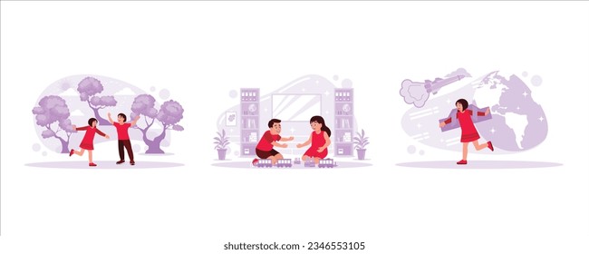 Children playing outdoors, children playing with trains and blocks, children playing with astronaut costumes. concept of Kids playing. Set Trend Modern vector flat illustration