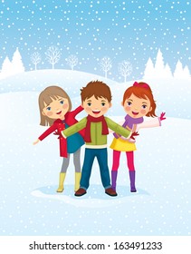 Children playing outdoors in winter vector illustration