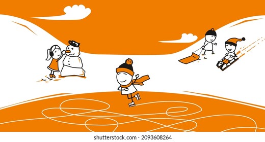 Children Playing Outside During Winter Illustration