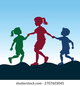 Children playing outside silhouette of three children in different colors flat vector illustration