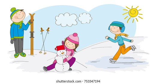 Children playing outside in the snow, boy skier, boy ice skating, girl making a snowman - original hand drawn illustration