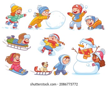 Children playing outside snowballs and sledding from a snow slide. Kids playing in winter outdoors. Colorful cartoon characters. Funny vector illustration. Isolated on white background. Set