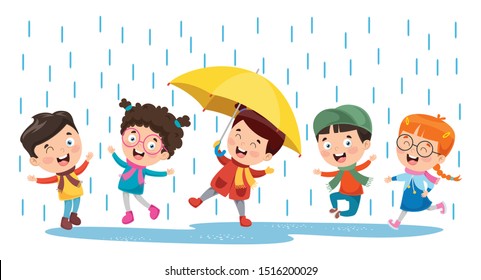 Children Playing Outside Under The Rain