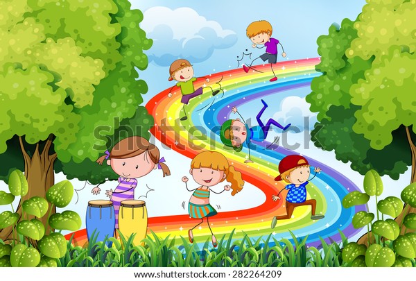 Children playing over the colorful rainbow wallpaper mural. 