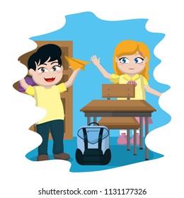 children playing with paper plane in the classroom