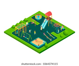 Children playing with parents on kids playground with game equipment. Isometric cartoon vector illustration with 3d little people. Playground isometry with swing and slide