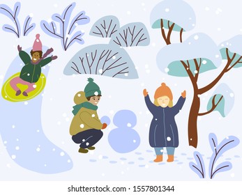 Children playing in park. Boys and girl doing winter activities in snowy park,  ice sliding, making snowman and enjoying snow. Flat vector illustration