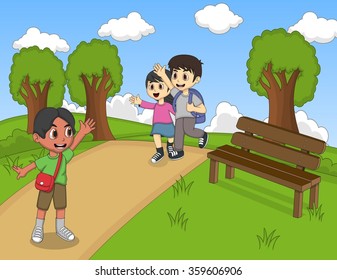 Children playing at the park cartoon vector illustration