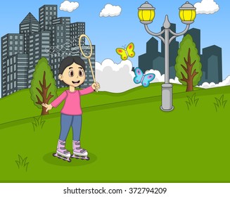 Children playing at the park cartoon vector illustration