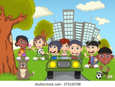 Children playing in the park cartoon vector illustration