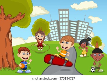 Children playing in the park cartoon vector illustration