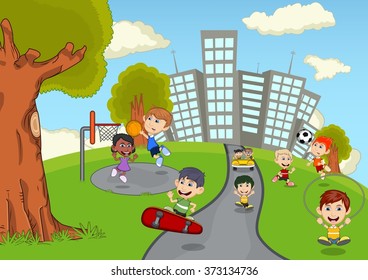 Children playing in the park cartoon vector illustration