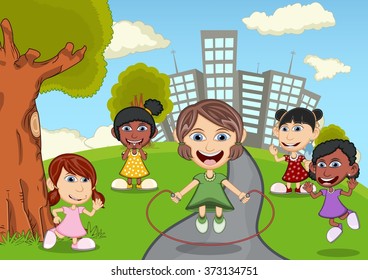 Children playing in the park cartoon vector illustration