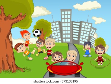 Children playing in the park cartoon vector illustration