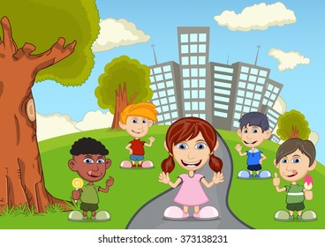 Children playing in the park cartoon vector illustration